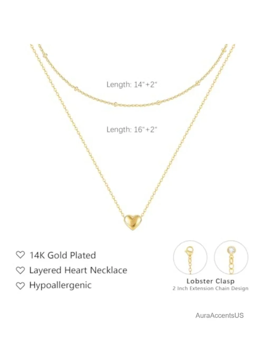 14K Gold Plated Layered Heart Pendant Necklace for Women